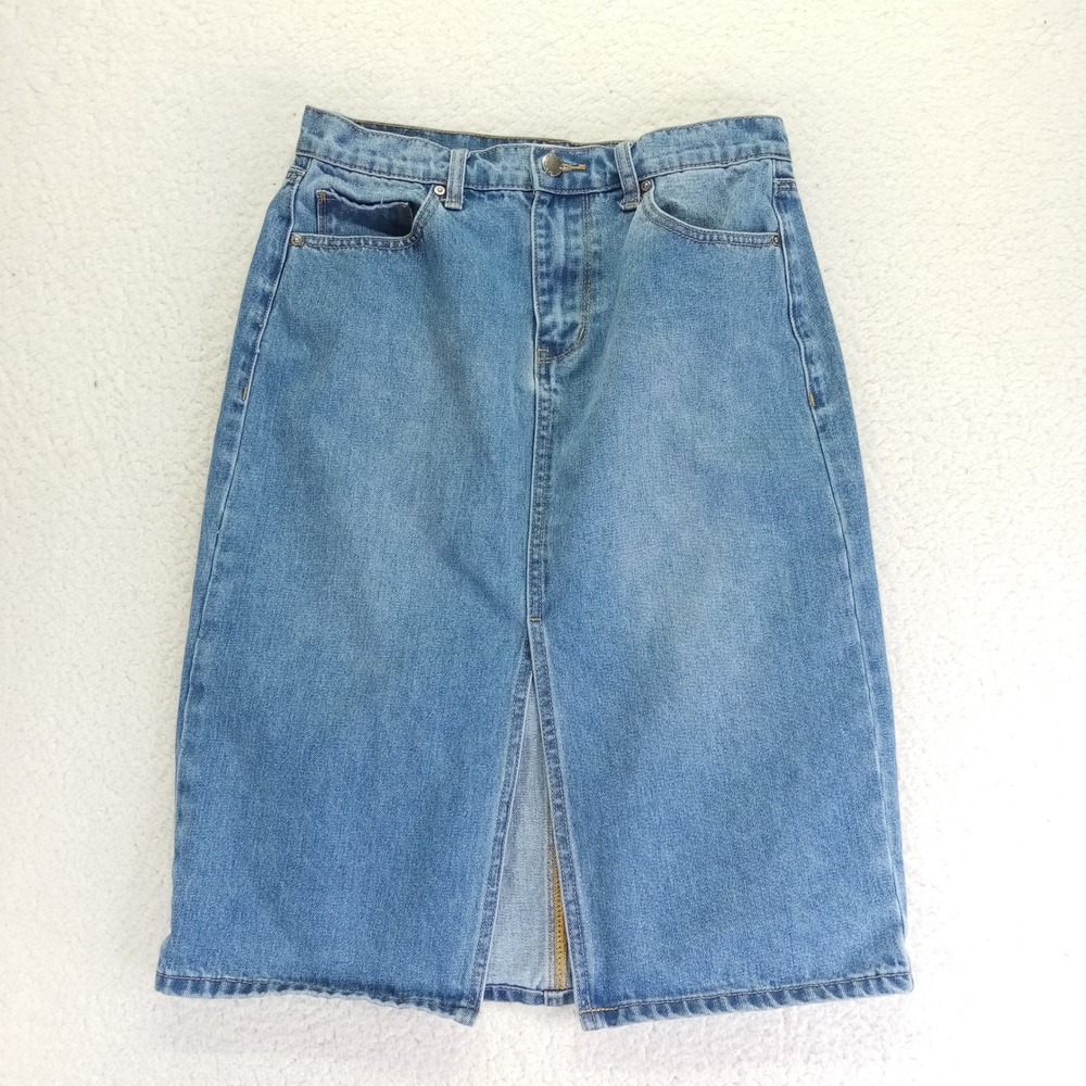 Velvet Heart Denim Medium Wash Midi Skirt Front Slit Blue Cotton Size 6 DCF-3222